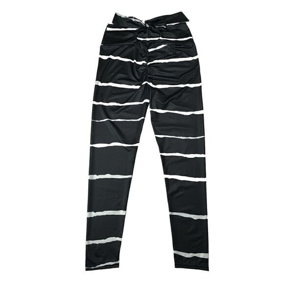 Leggings Stripes Black White Workout Back Bow Stretch Pants - Picture 3 of 7
